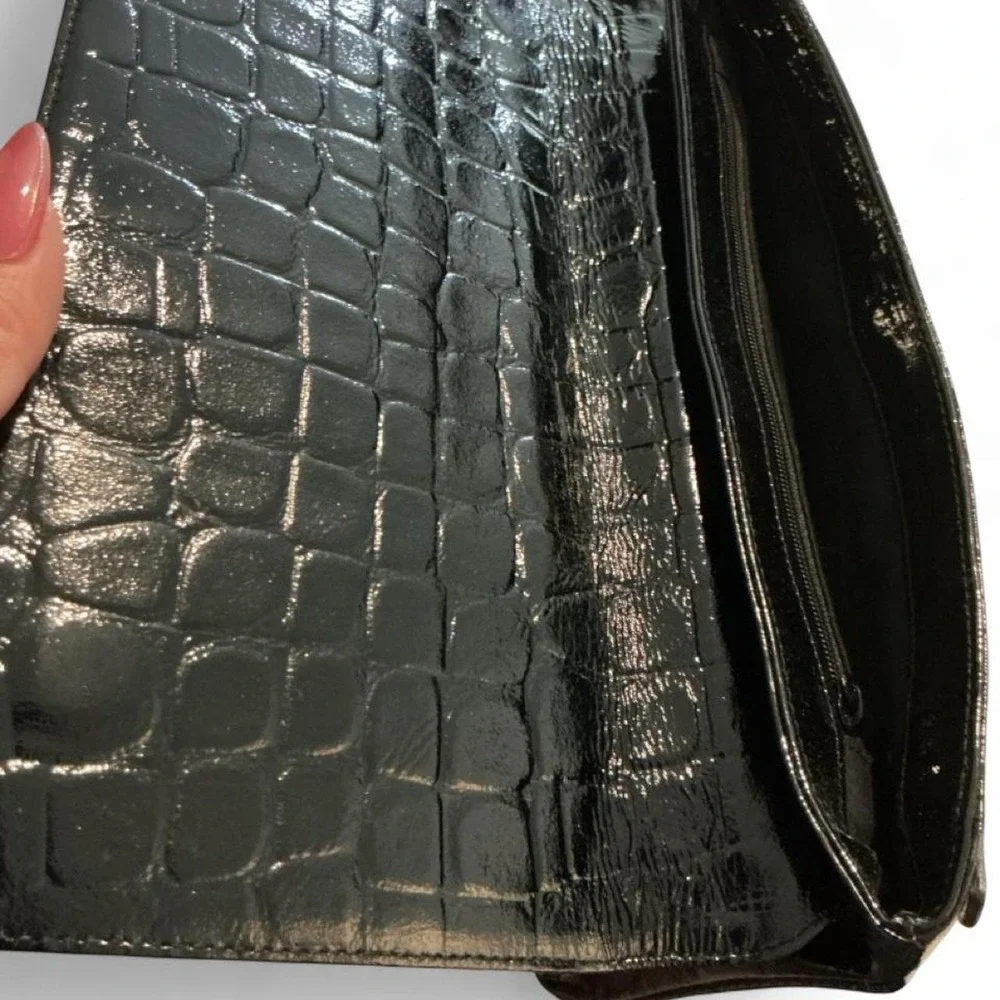 Nordstrom Wallet Women OS Black Excellent Croc Embossed Leather Patent Long